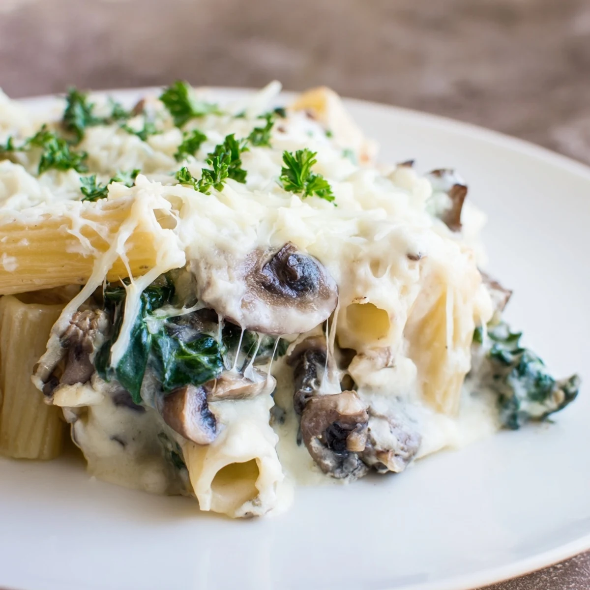 Steaming casserole dish of Creamy Mushroom and Spinach Pasta Bake, featuring golden mozzarella topping and tender mushroom pieces on a wooden table.