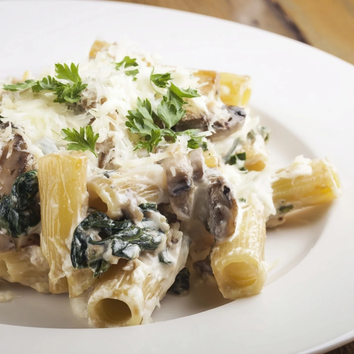 Close-up of Creamy Mushroom and Spinach Pasta Bake, highlighting a rich, creamy sauce and crisp, cheesy crust, ready to serve family-style.