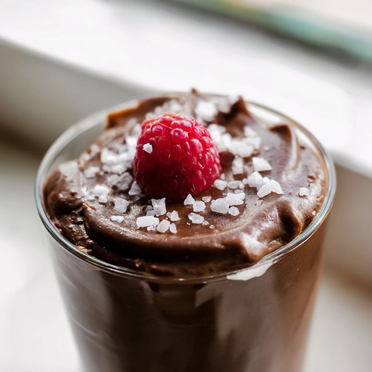 A glass cup of Dark Chocolate Avocado Mousse with Sea Salt, topped with fresh raspberries and flaky sea salt, ready to serve.  