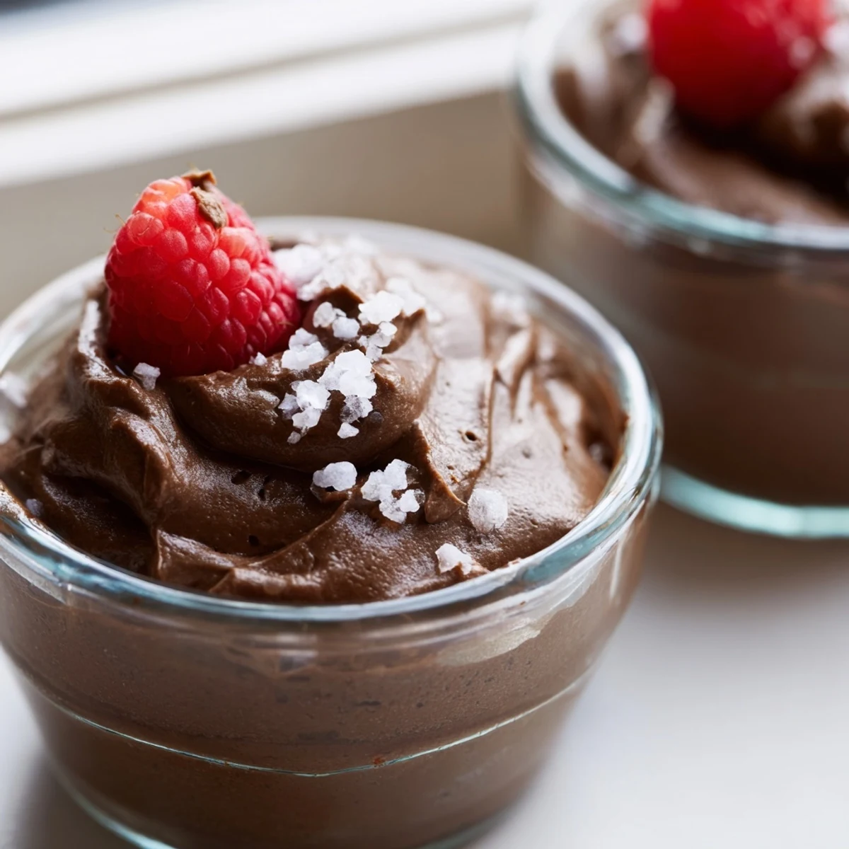 Dark Chocolate Avocado Mousse with Sea Salt in a dessert glass, garnished with berries, perfect for a dairy-free indulgence.