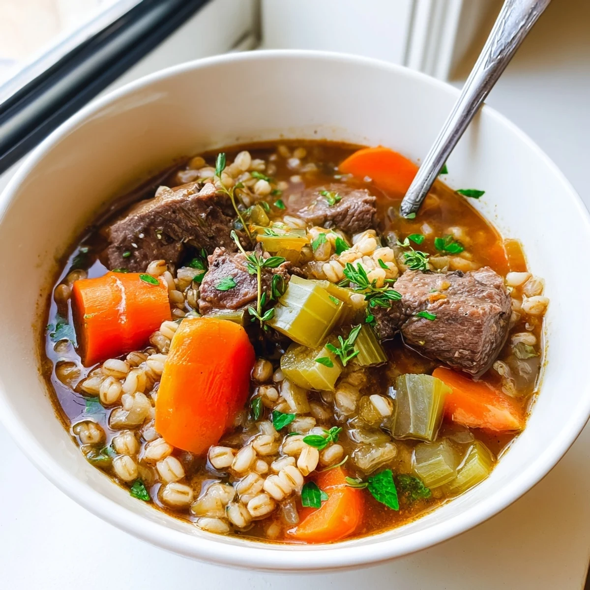 A close-up of rich Beef and Barley Stew with Thyme and Carrots steaming in a rustic bowl, garnished with fresh parsley. 