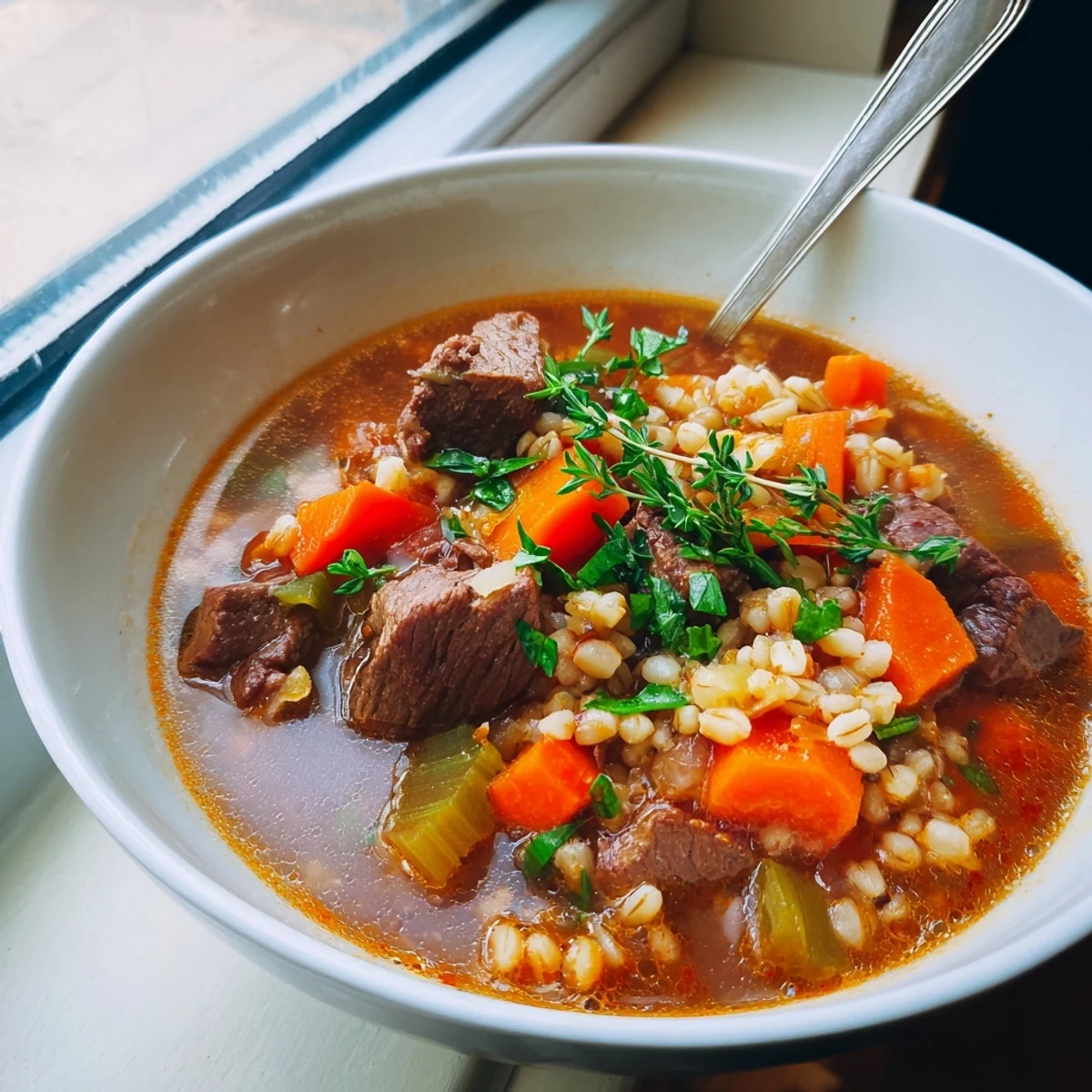 Hearty Beef and Barley Stew with Thyme and Carrots ladled into a white bowl, with tender beef and sliced carrots peeking through. 