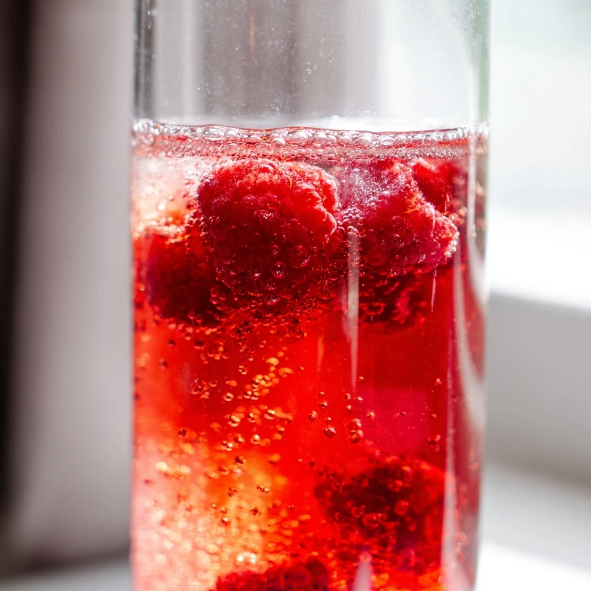 A close-up of two glasses of Love Potion Cranberry Raspberry Mocktail filled with ice, garnished with fresh raspberries, cranberries, lime wheels, and mint sprigs.