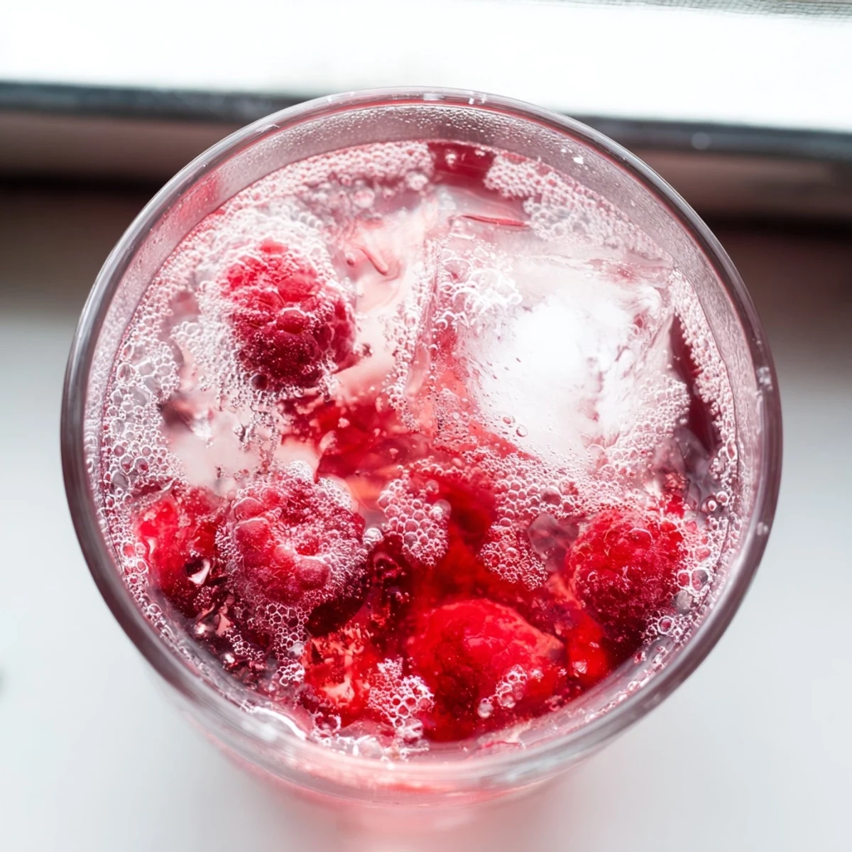 Top-down view of a vibrant Love Potion Cranberry Raspberry Mocktail in a clear glass, showing ruby-red color and bubbly texture from sparkling water.