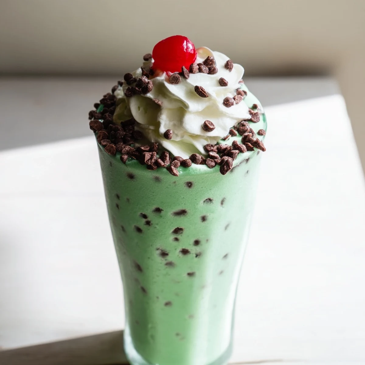 Creamy green Shamrock Mint Chocolate Chip Milkshake topped with whipped cream and extra chocolate chips in a tall glass.