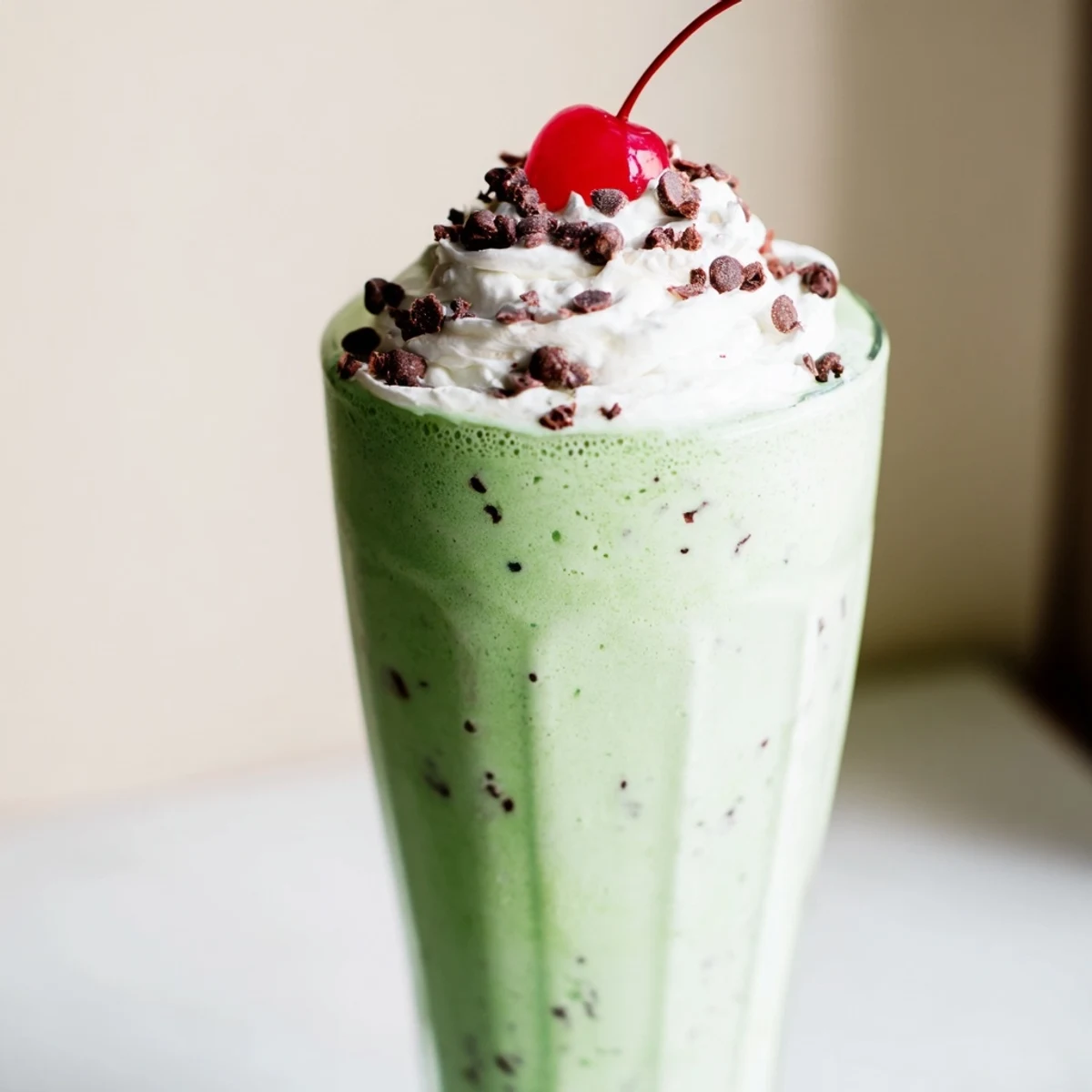 A festive, vibrant green Shamrock Mint Chocolate Chip Milkshake garnished with a maraschino cherry and chocolate drizzle.
