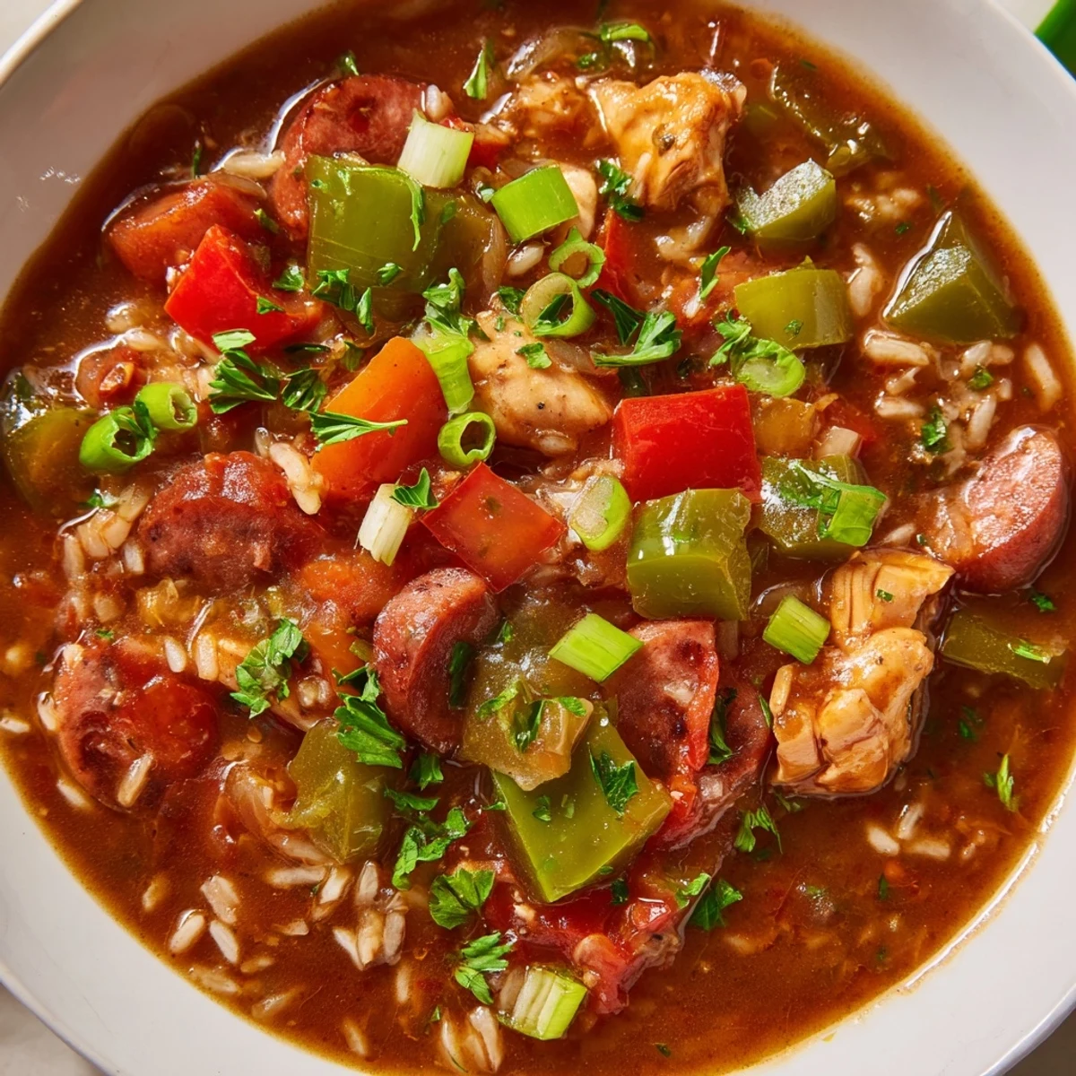 Hearty bowl of Mardi Gras Chicken and Sausage Gumbo served over fluffy white rice, garnished with fresh parsley and green onions.