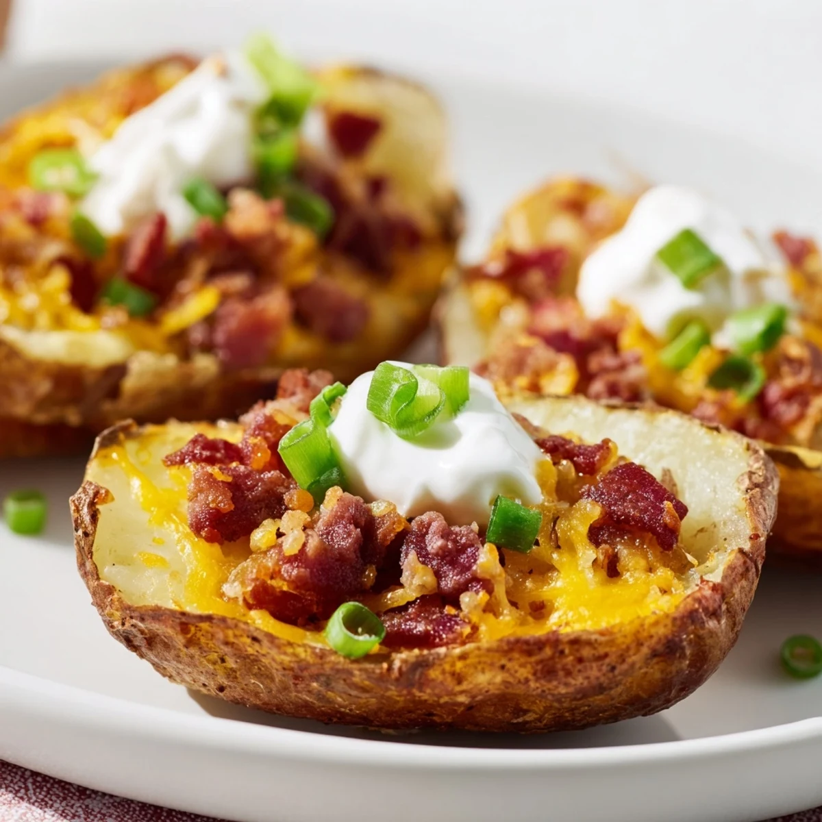 Crispy golden potato skins filled with melted cheddar, savory beef bacon, and fresh green onions for game day.