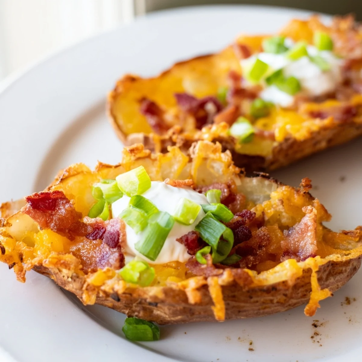 Baked russet potato skins loaded with beef bacon, gooey cheese, sour cream, and chives, served hot on a platter.