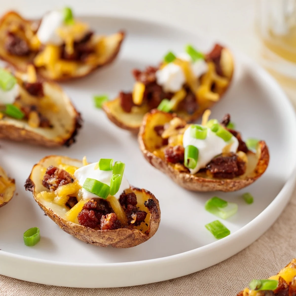 Golden potato skins stuffed with crispy beef bacon and cheddar, topped with sour cream and green onions for snacking.
