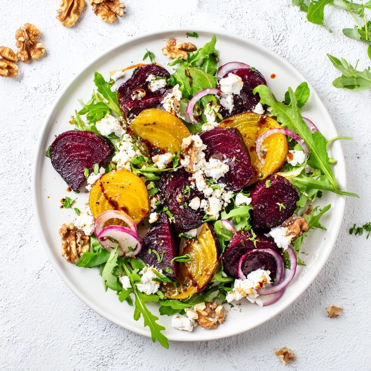 Golden roasted beets, toasted walnuts, and creamy feta cheese combine in this easy Mediterranean salad served over mixed greens.