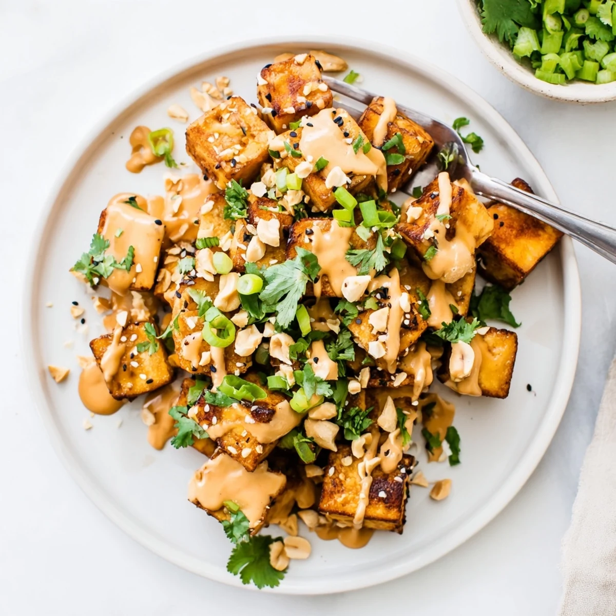 Golden Air Fryer Crispy Tofu cubes are drizzled with creamy peanut sauce and garnished with fresh cilantro and sliced scallions.