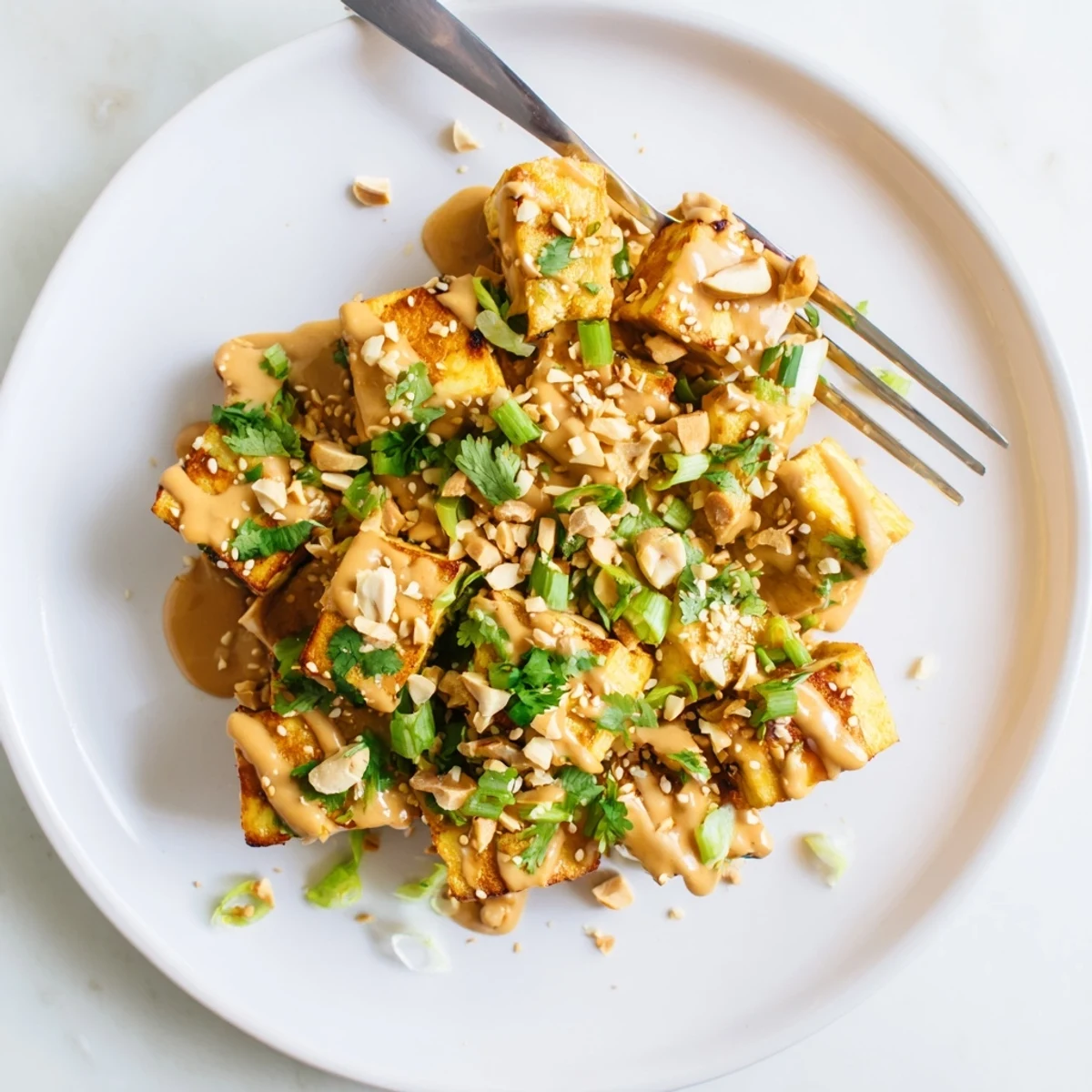 Air fryer basket holds perfectly cooked crispy tofu cubes alongside a small bowl of rich peanut sauce for dipping.