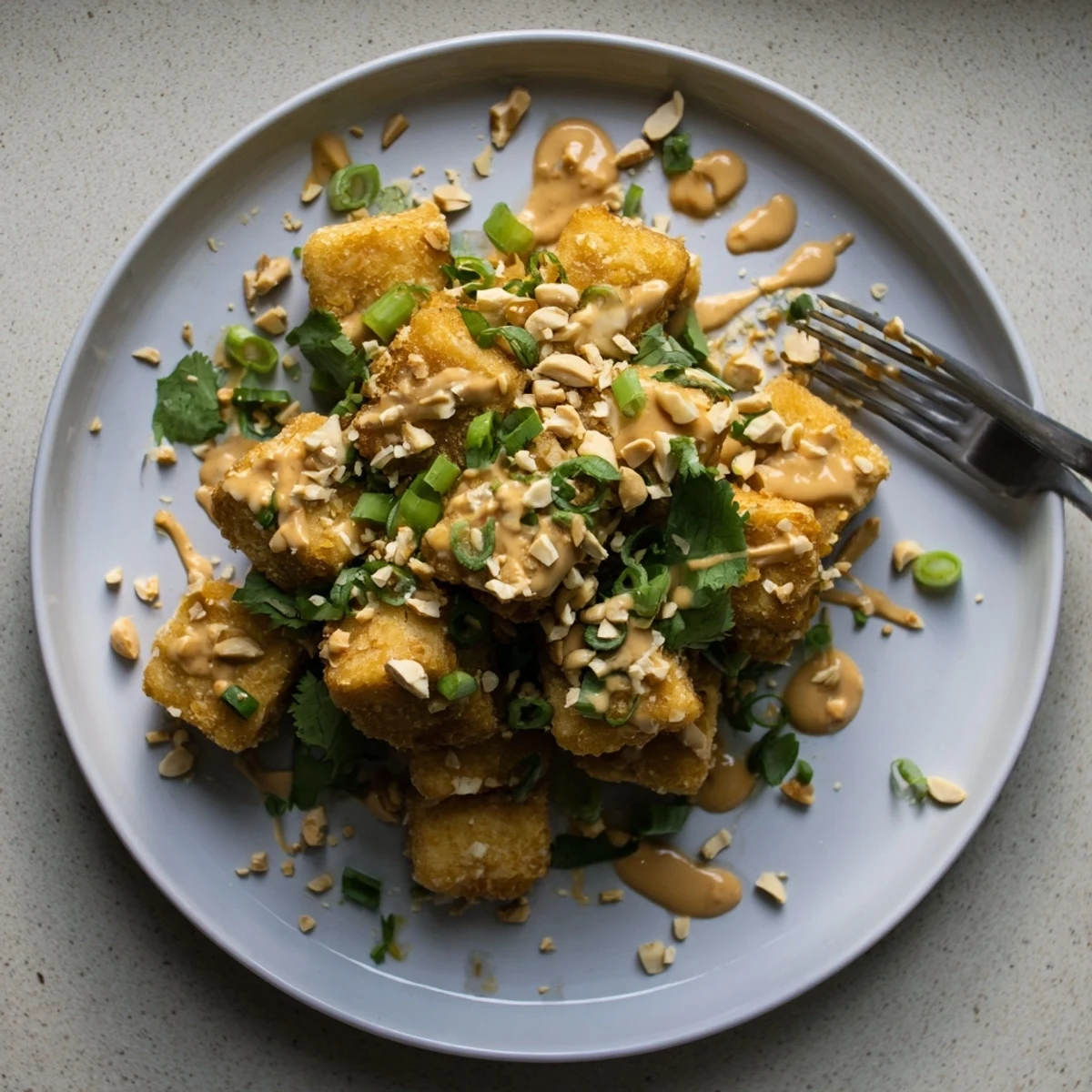 Freshly made peanut sauce glistens beside golden-brown Air Fryer Crispy Tofu, topped with chopped roasted peanuts and sesame seeds.