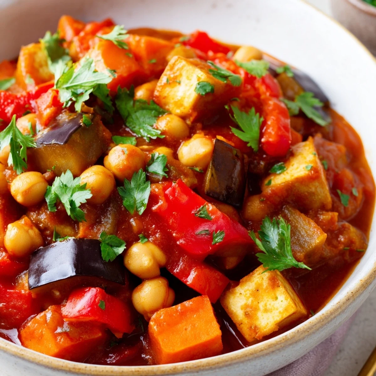 A warm bowl of Spicy Harissa Chickpea and Vegetable Tagine, featuring tender carrots, zucchini, and eggplant simmered in a vibrant, aromatic tomato broth.