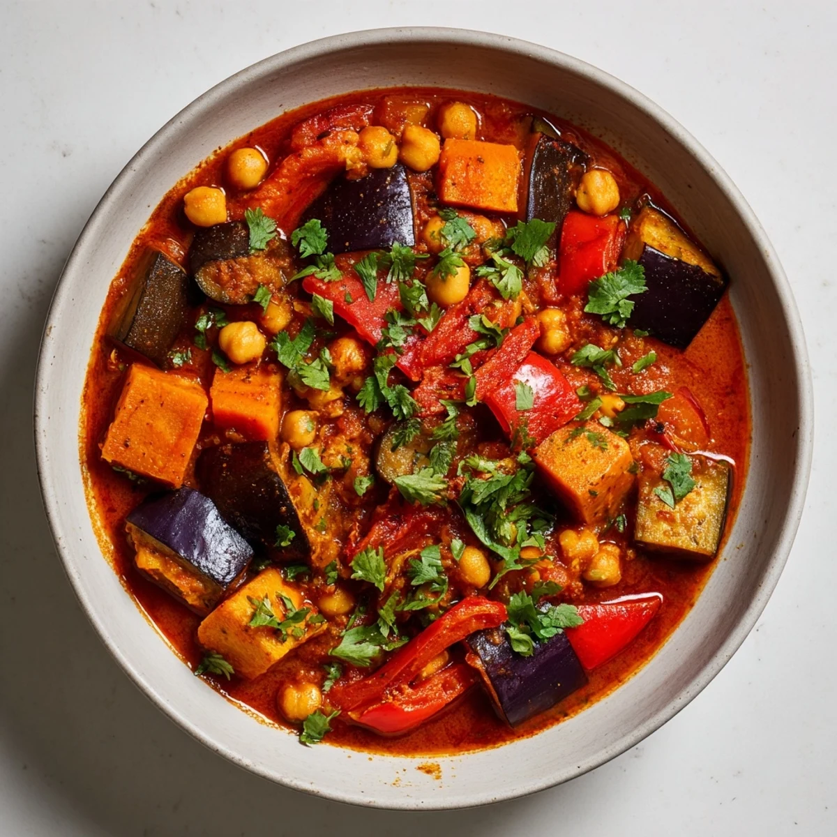 Garnished with fresh cilantro and lemon wedges, this hearty Spicy Harissa Chickpea and Vegetable Tagine is perfect for a cozy, plant-based dinner.