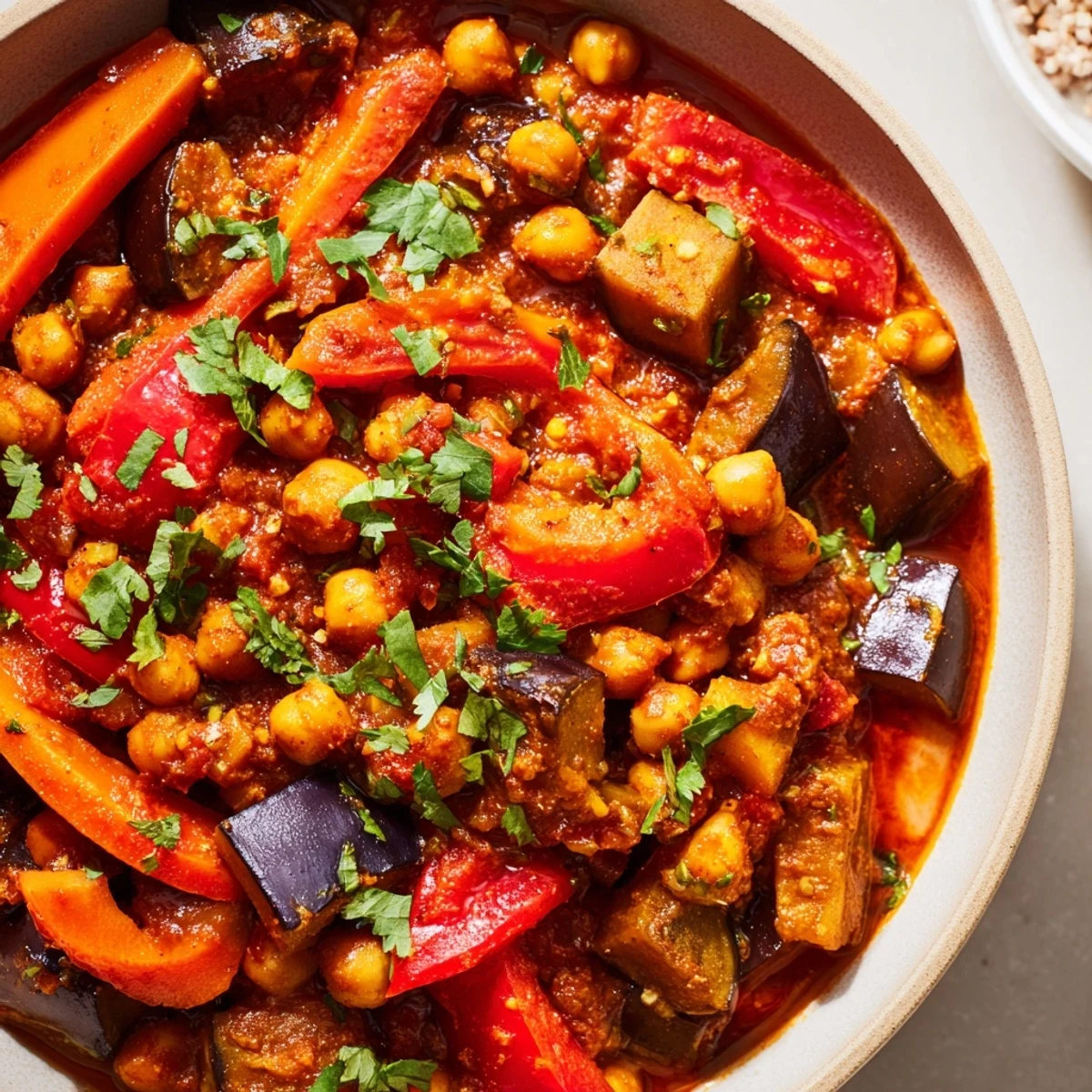A rustic Dutch oven holds the bubbling Spicy Harissa Chickpea and Vegetable Tagine, showcasing colorful vegetables and chickpeas in a rich, aromatic stew.