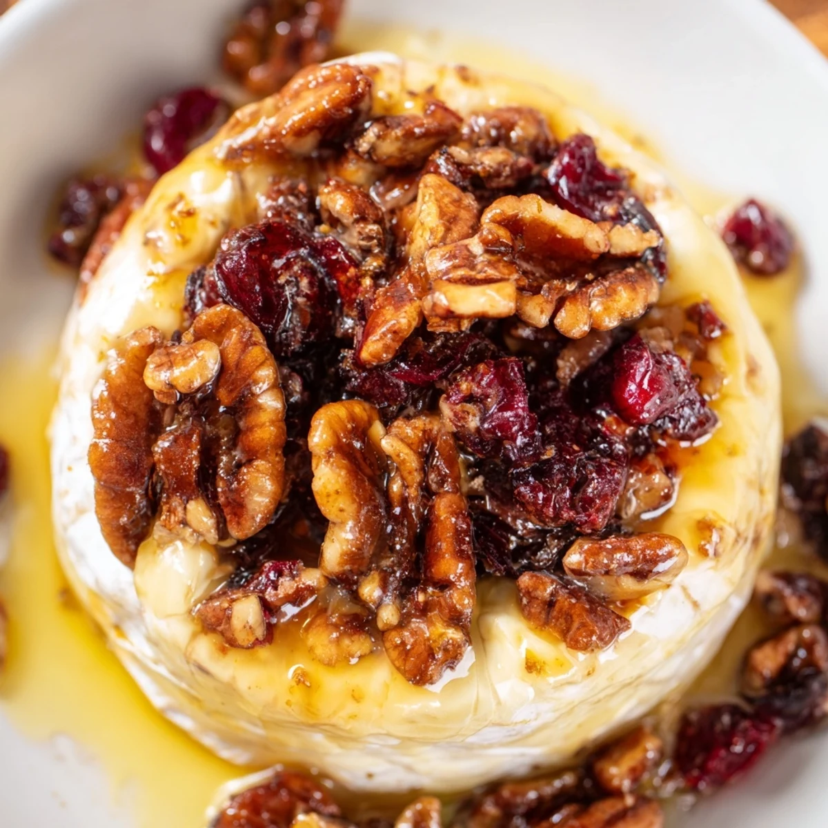 A warm wheel of Baked Brie with Cranberry and Pecan Topping, bubbling and ready to serve with crunchy crackers.