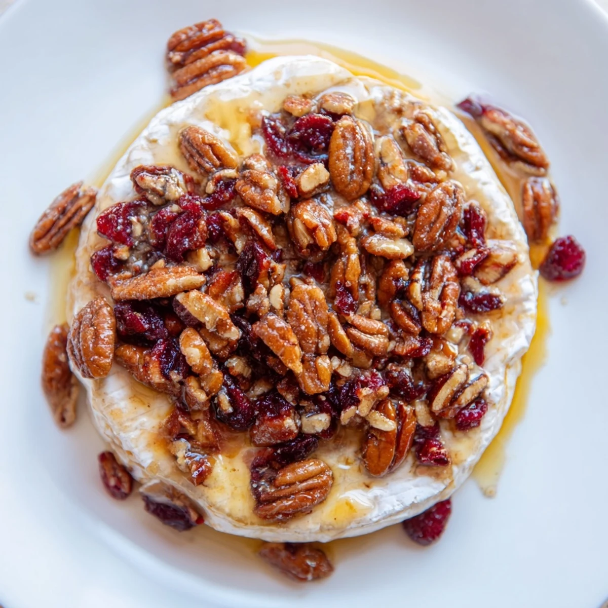 Golden-brown Baked Brie with Cranberry and Pecan Topping is baked until gooey, topped with sweet cranberries and toasted pecans.