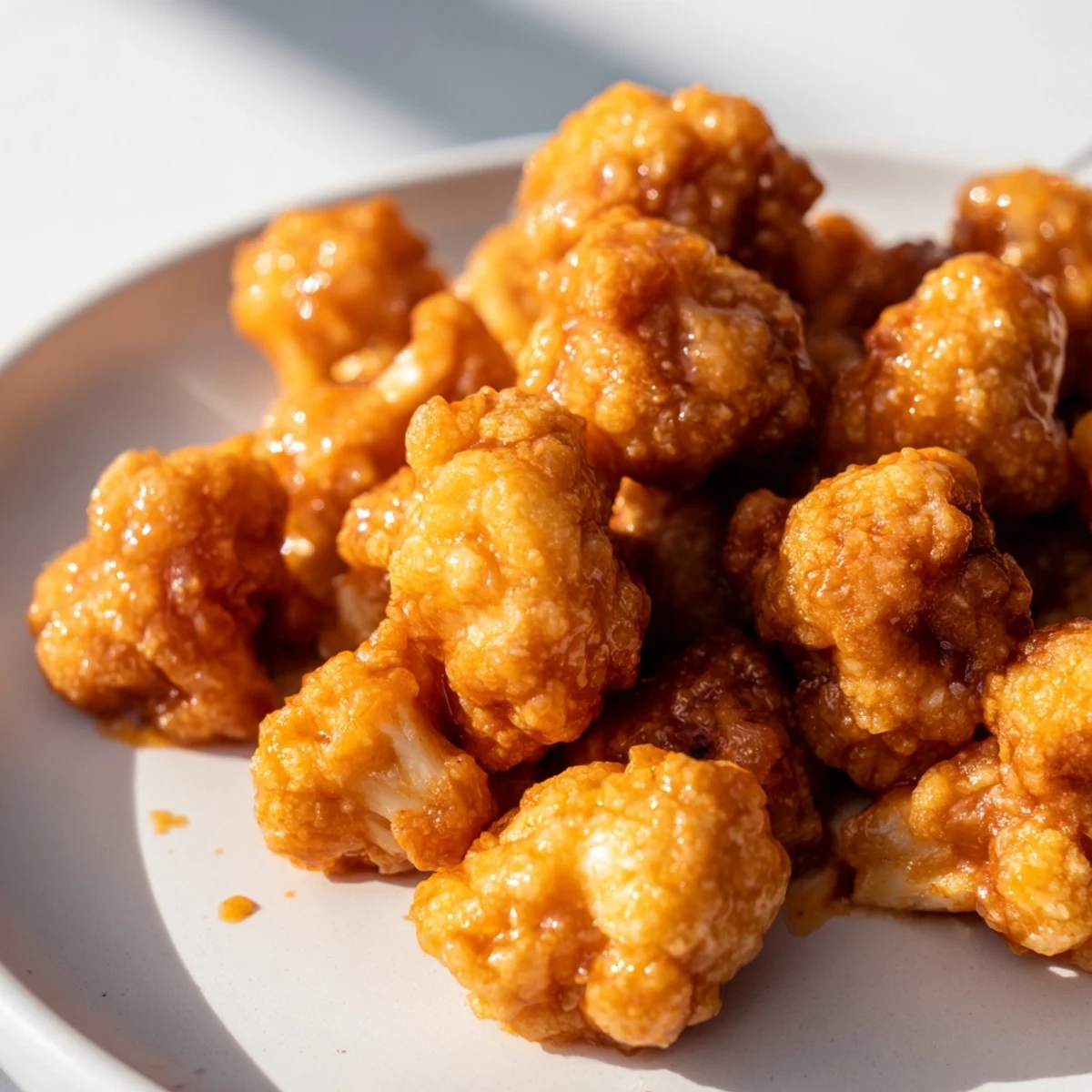 Golden-brown crispy air fryer buffalo cauliflower bites glistening with tangy orange sauce on a rustic plate.