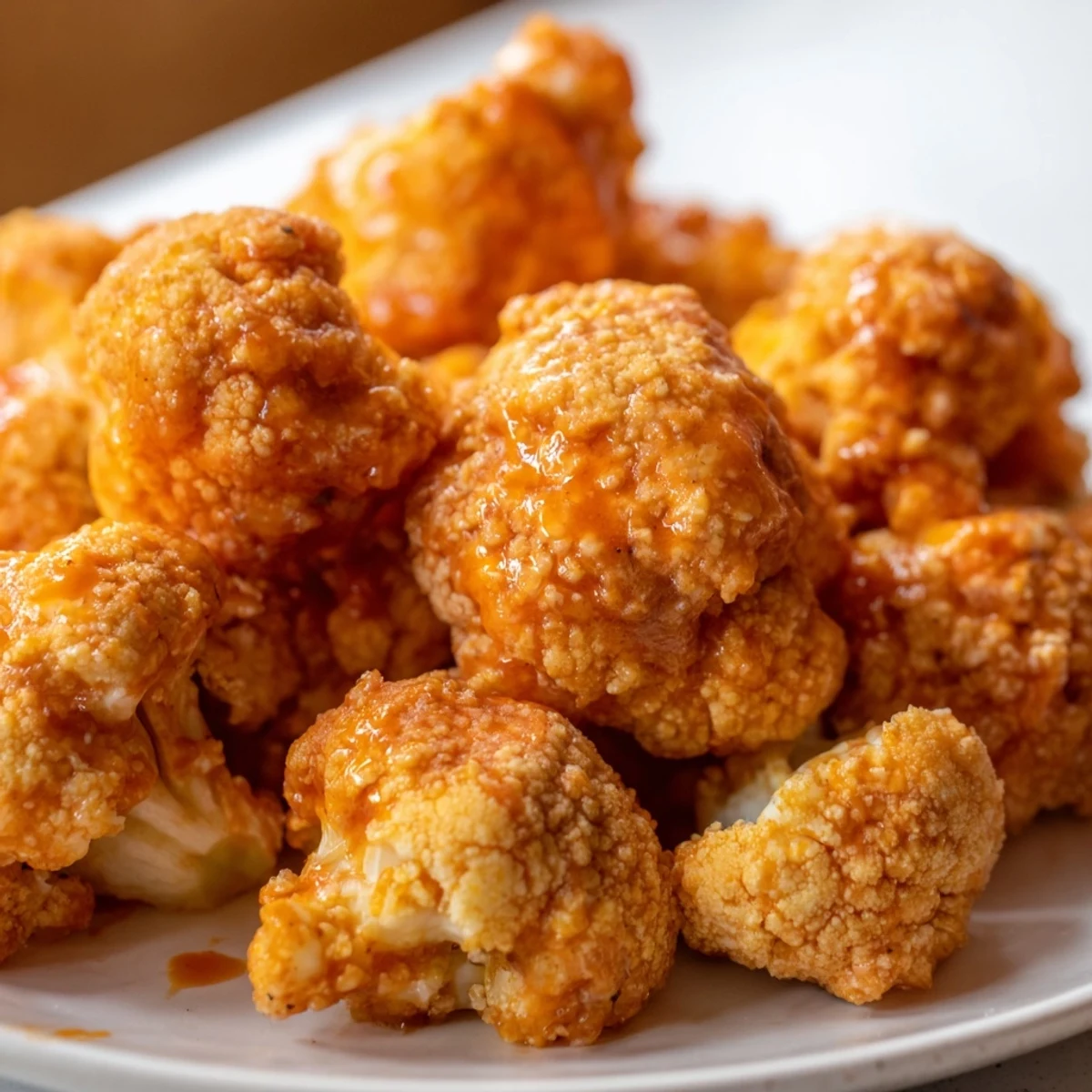 Bite-sized air fryer buffalo cauliflower florets tossed in buttery hot sauce, ready for game day snacking.