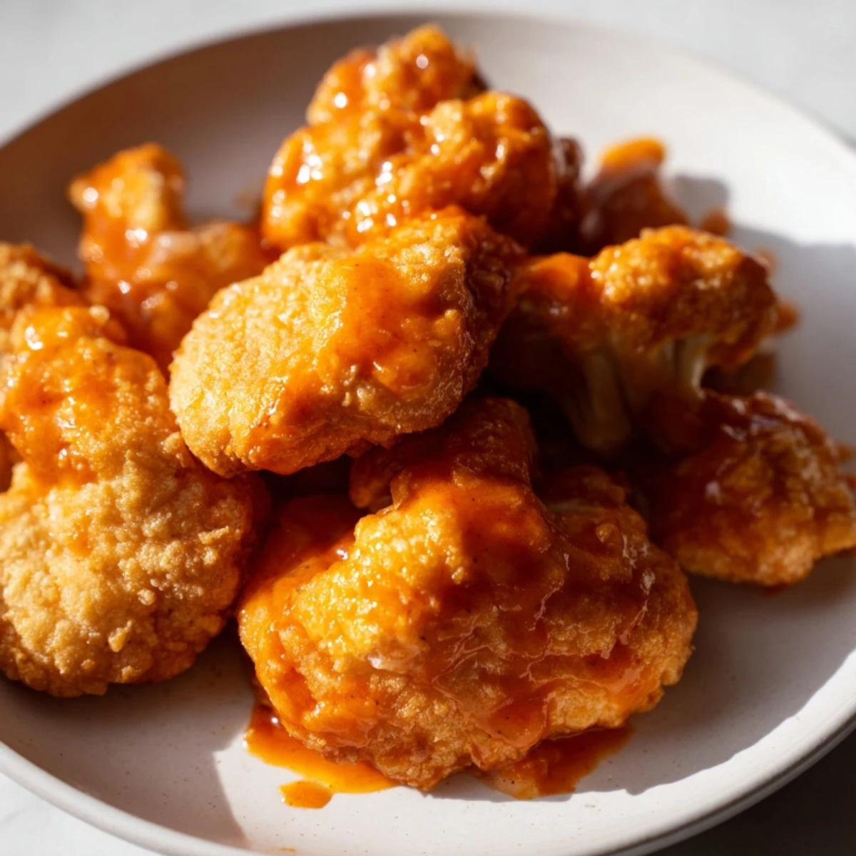 Savory spicy buffalo cauliflower bites served with creamy blue cheese dip and fresh celery sticks.