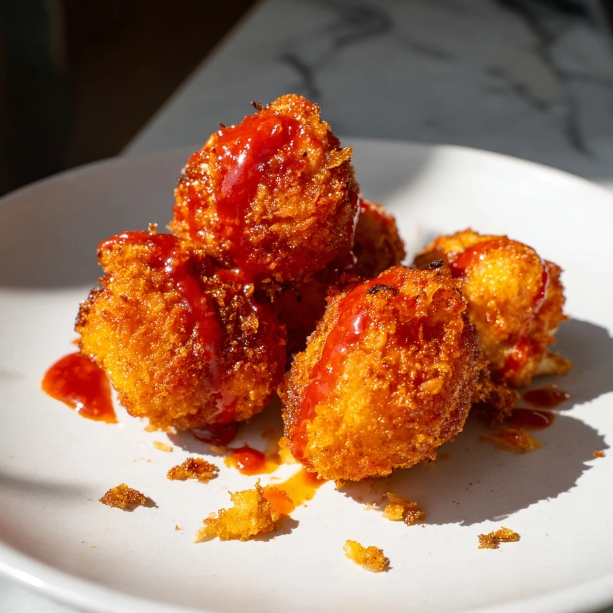 Golden, crispy air fryer buffalo cauliflower bites tossed in tangy, spicy red sauce, served with blue cheese dip and fresh celery sticks.