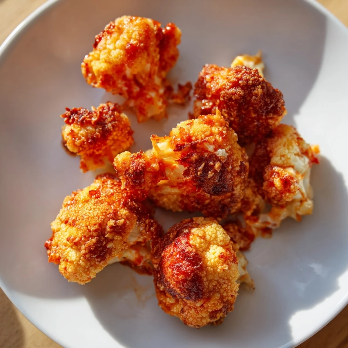 Freshly cooked buffalo cauliflower bites glistening with sauce, arranged on a platter with crunchy carrots and celery for a perfect game day snack.