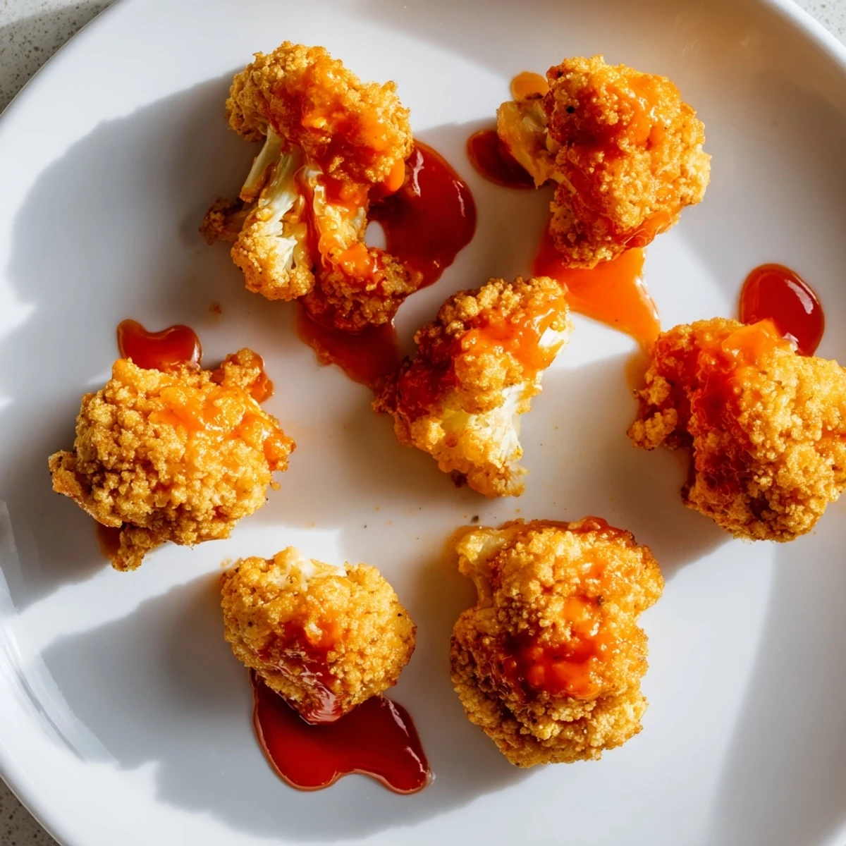 Close-up of crunchy air fryer buffalo cauliflower bites, their edges browned and spicy sauce vibrant, ready to be enjoyed as a vegetarian appetizer.