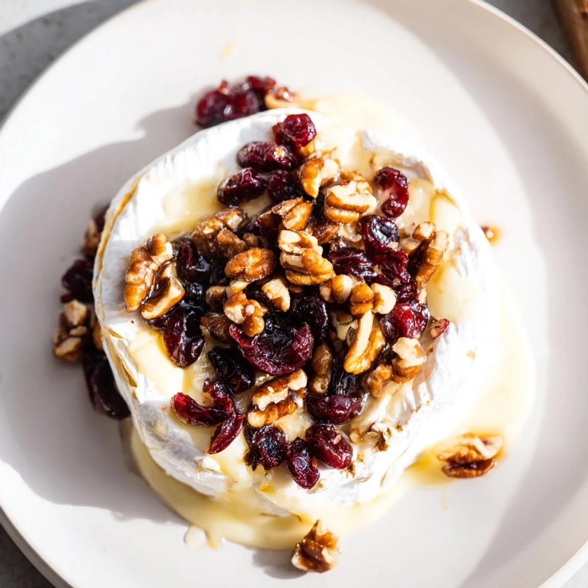 A warm wheel of baked Brie with cranberry and pecan topping, oozing over toasted baguette slices on a rustic board.