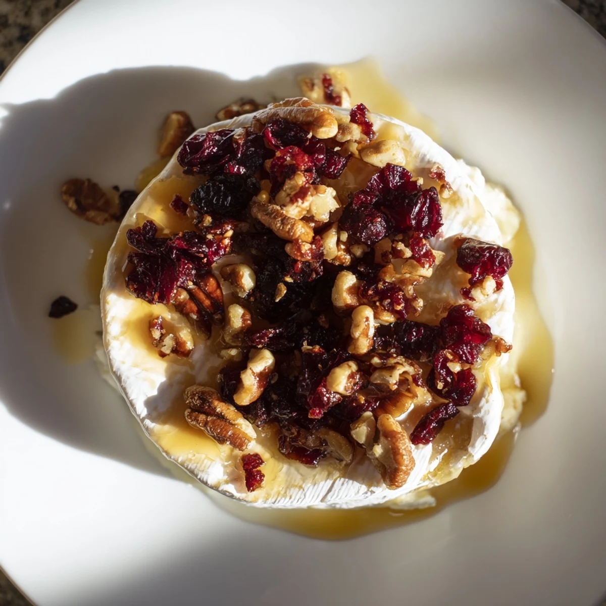 Golden, gooey baked Brie with cranberry and pecan topping on a platter, paired with crackers for an easy entertaining snack.