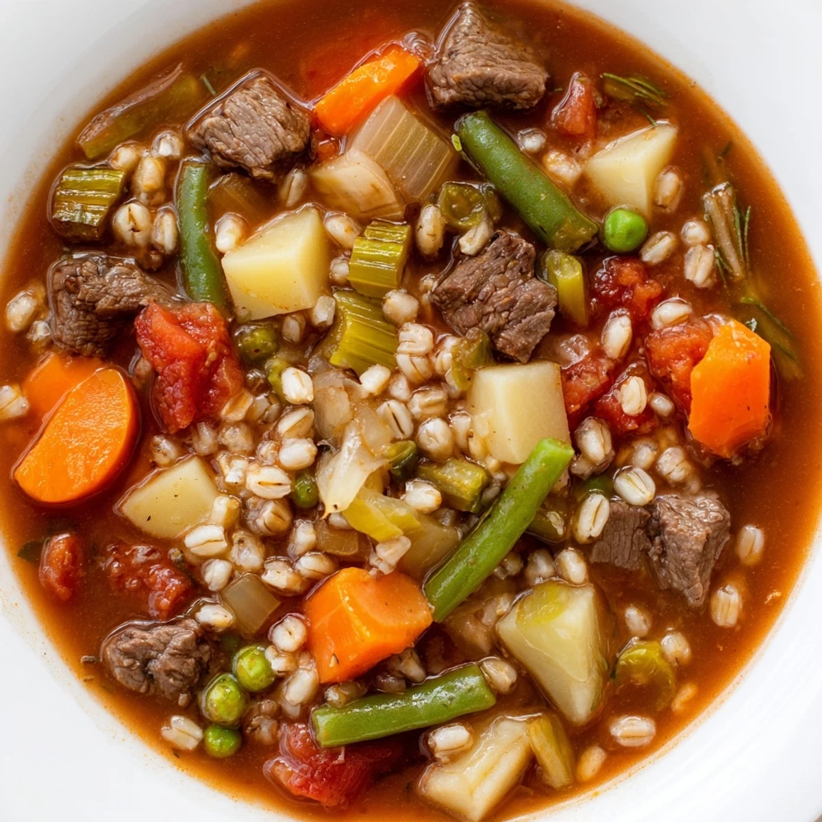 Steaming pot of beef and barley vegetable soup, featuring chunks of potato and green beans simmering with aromatic herbs for a rustic meal.