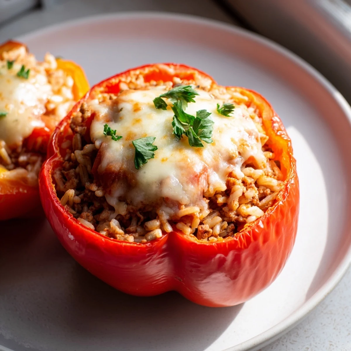 Colorful roasted bell peppers stuffed with seasoned turkey and rice mixture, topped with melted cheddar cheese and fresh parsley garnish.