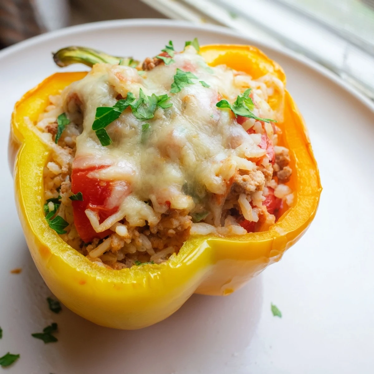 Savory Stuffed Bell Peppers with Ground Turkey and Rice, bubbling with melted cheese and fresh herbs, ready to serve for dinner.