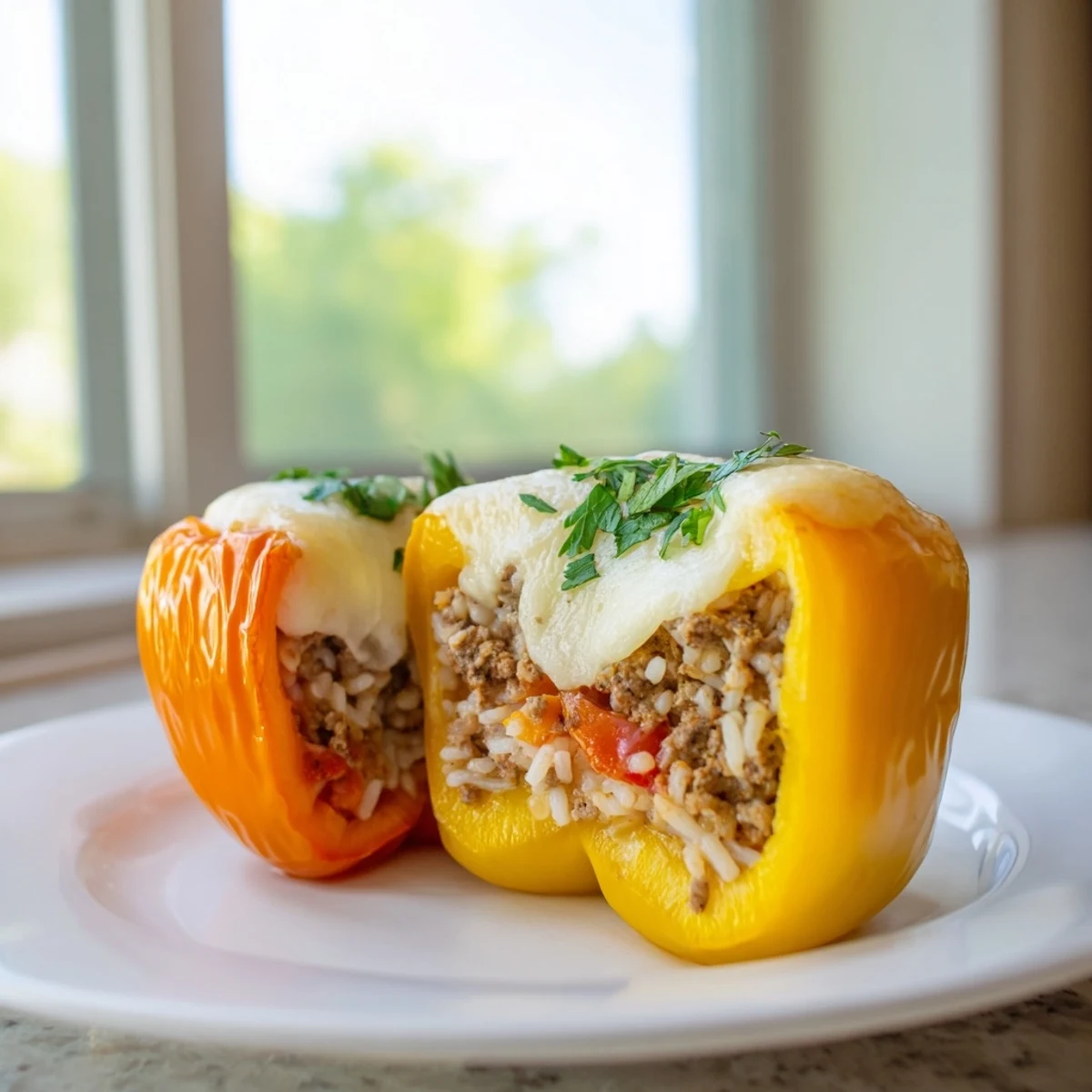 Golden-brown baked Stuffed Bell Peppers with Ground Turkey and Rice sit in a ceramic dish, their melty cheese topping bubbling and slightly crisp.