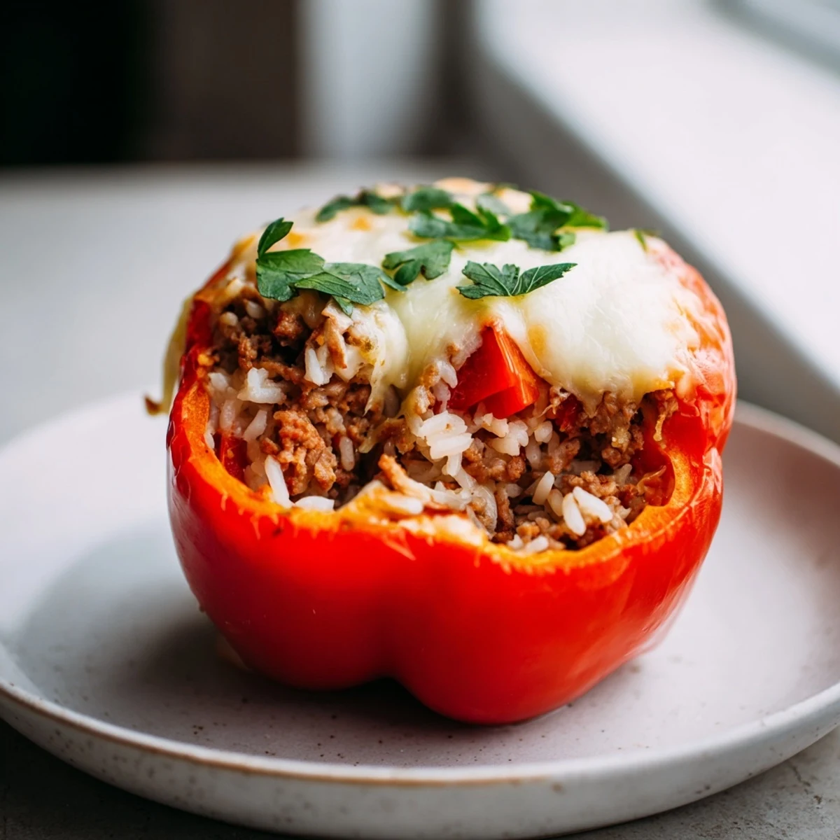 A close-up view of a halved Stuffed Bell Pepper with Ground Turkey and Rice reveals a hearty filling of ground turkey, fluffy rice, and diced tomatoes.