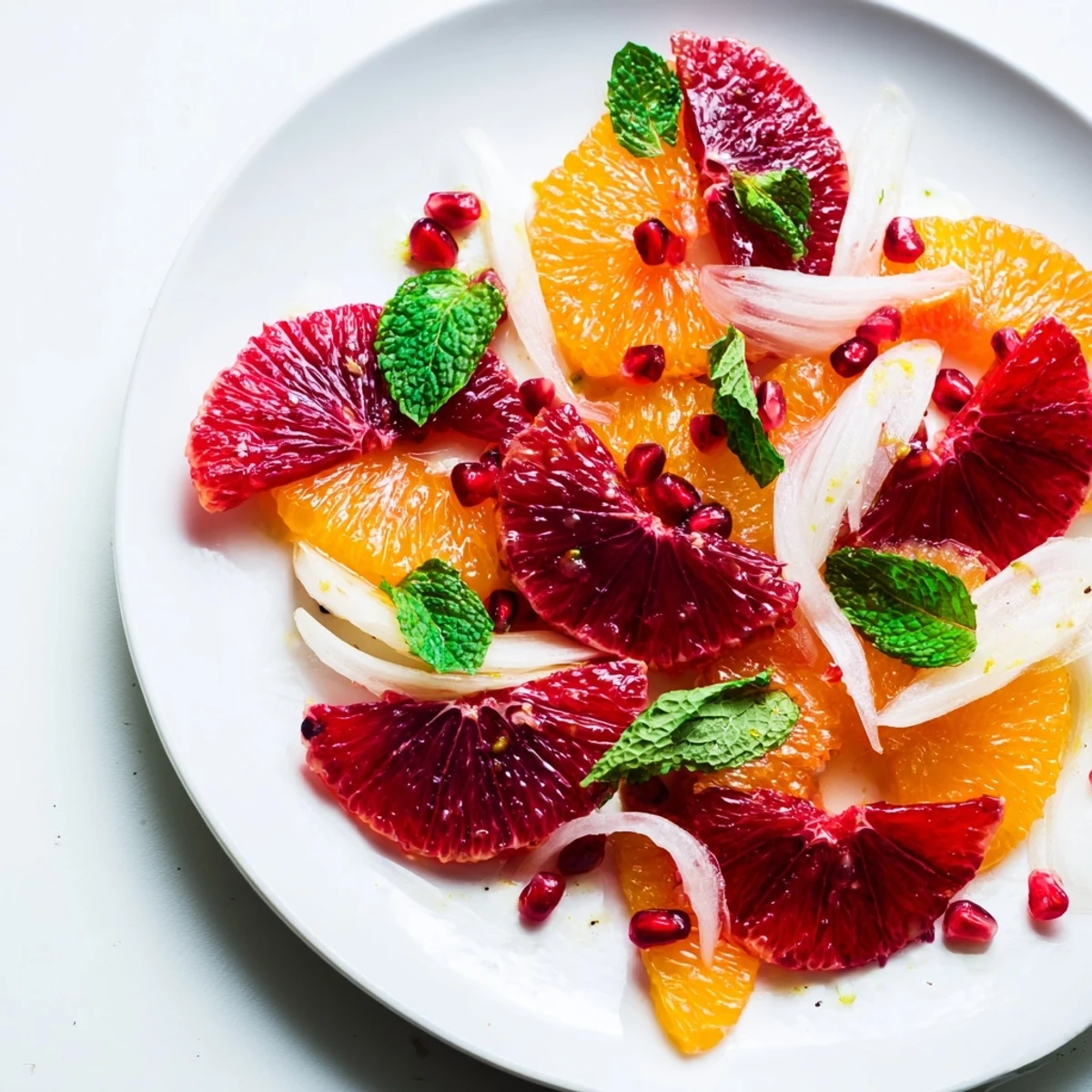 Bright slices of blood orange and crisp fennel glisten with zesty vinaigrette on a winter salad platter garnished with mint.
