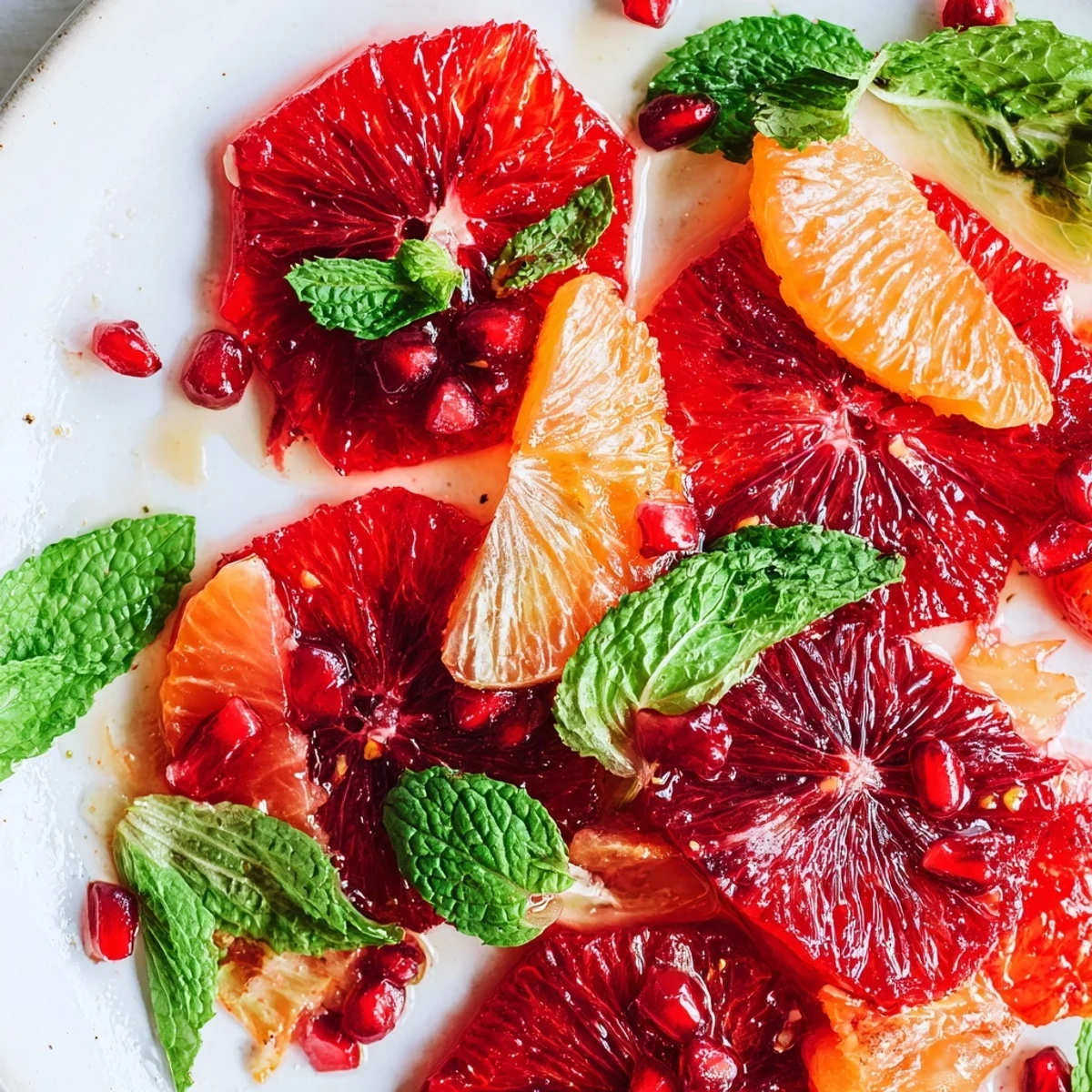 Overhead view of a Winter Citrus Salad with blood oranges, navel oranges, and red onion, ready for a refreshing serving.