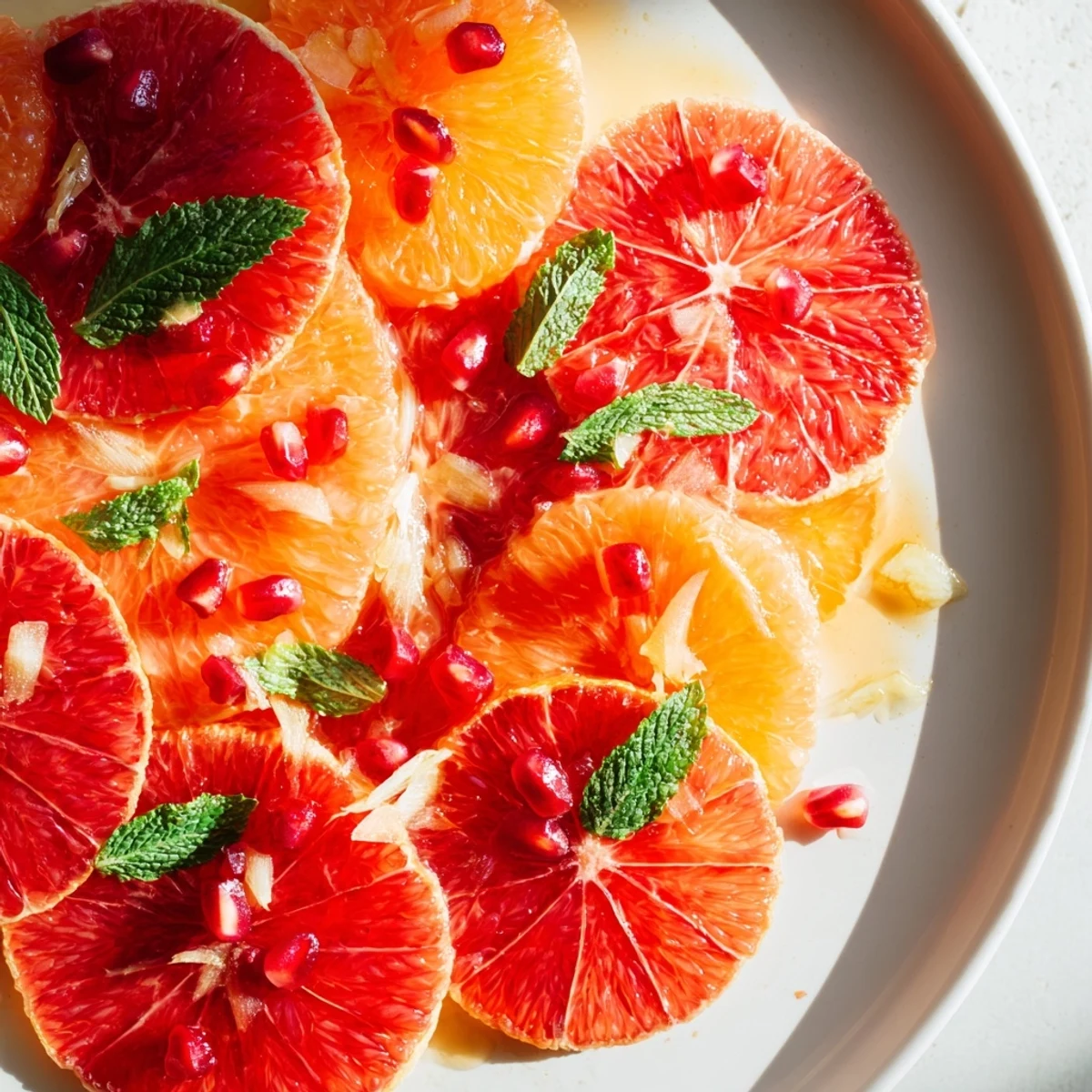 A vibrant serving of winter citrus salad featuring blood orange slices, crisp fennel, and pomegranate seeds for a refreshing winter meal.