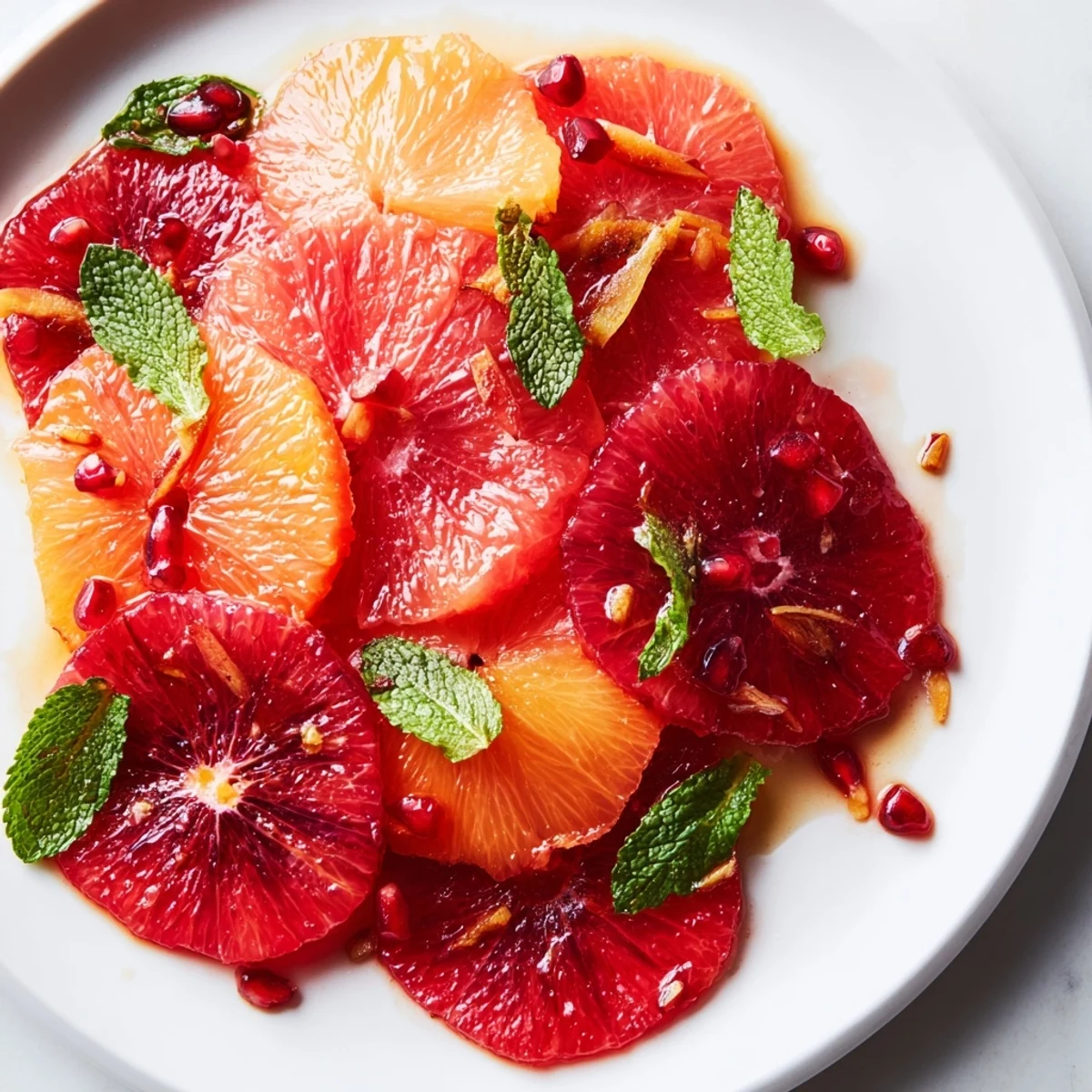 Brightly colored winter citrus salad with blood oranges, fennel, and fresh mint, glistening with a light vinaigrette on a rustic platter.
