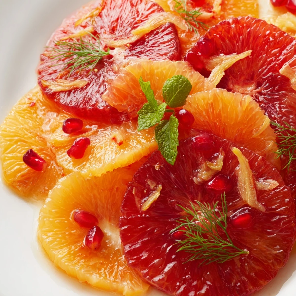 Winter citrus salad arranged on a white plate, showcasing ruby blood orange rounds, shaved fennel, and a drizzle of zesty honey-Dijon dressing.