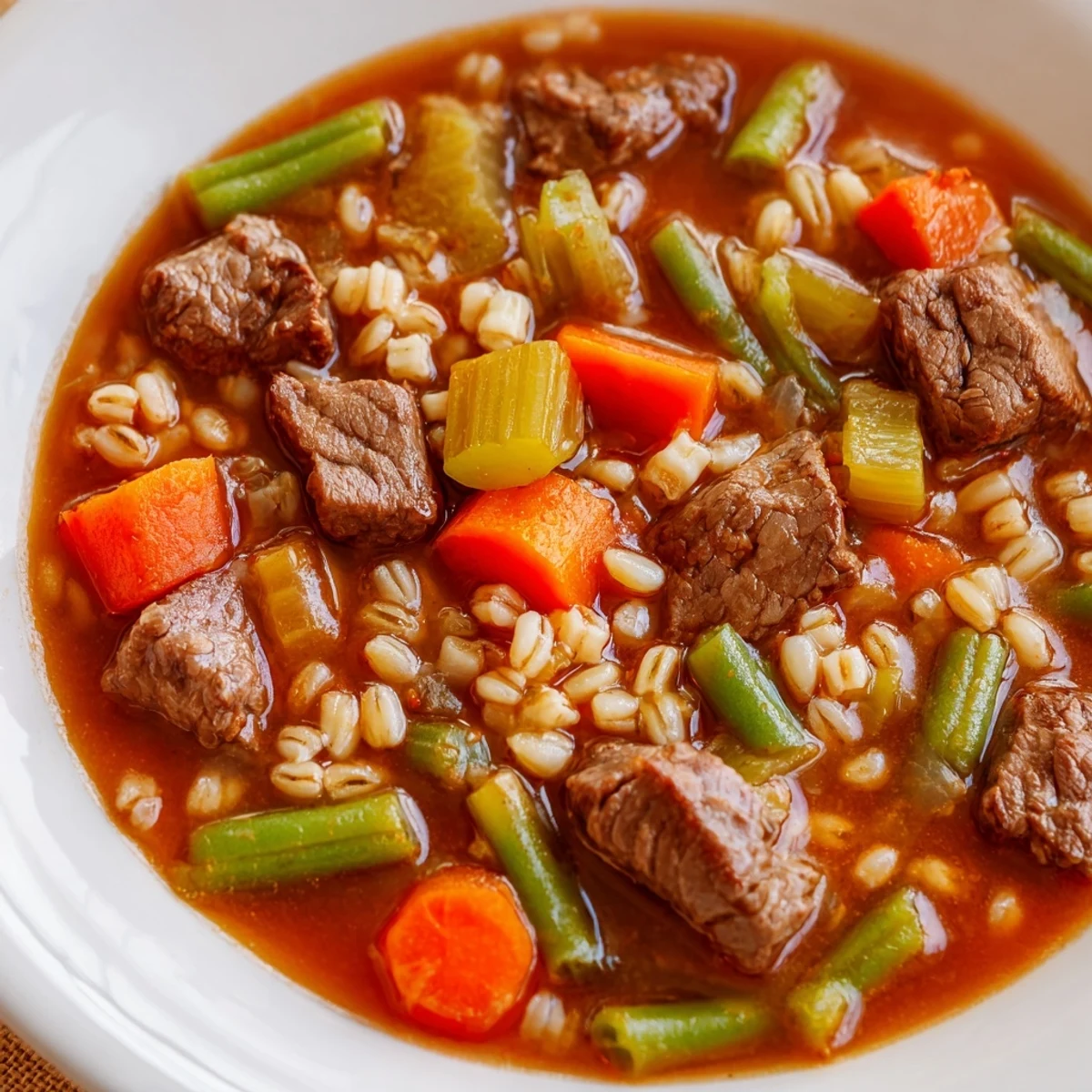 A hearty bowl of Hearty Beef and Barley Vegetable Soup, rich with tender beef cubes, barley, and vibrant vegetables, perfect for a comforting meal.