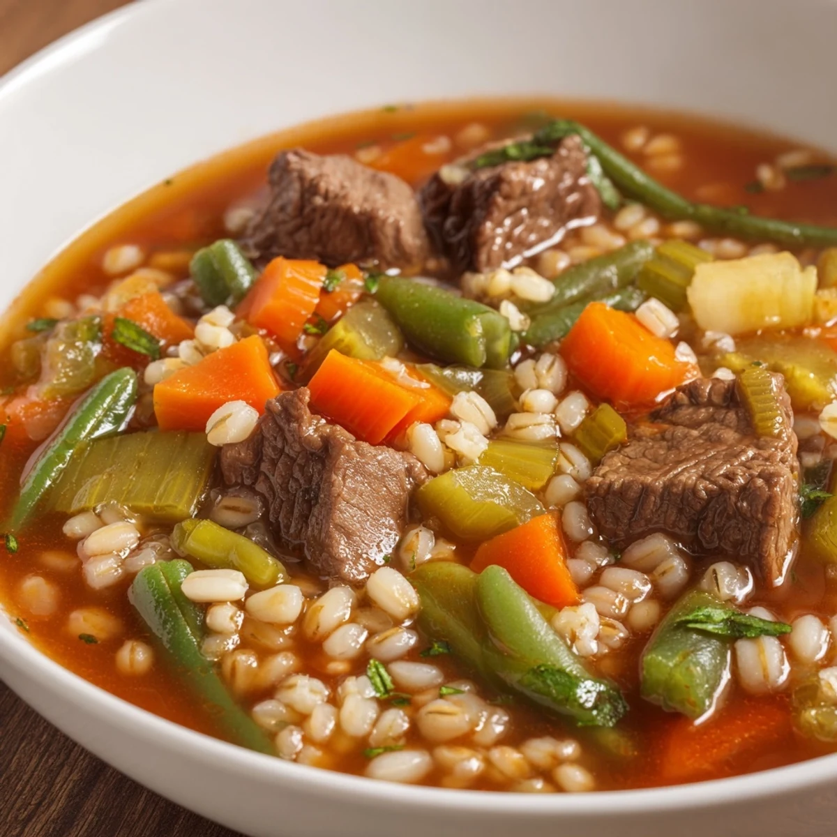 Rustic, nourishing Hearty Beef and Barley Vegetable Soup in a rustic bowl, garnished with fresh herbs and served alongside crusty bread for dipping.