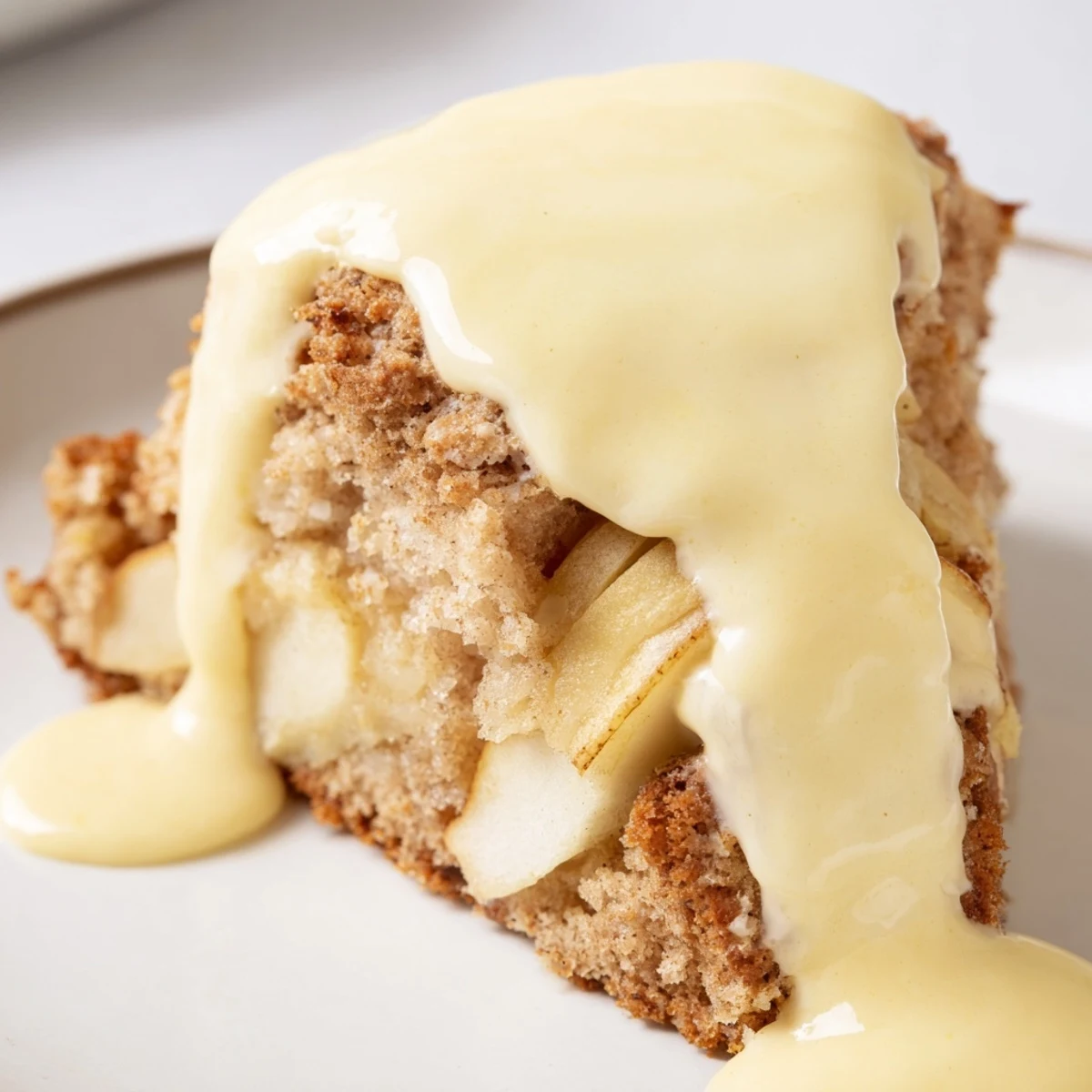Overhead view of Irish Apple Cake with Custard Sauce, golden crust crumbled beside a scoop of smooth vanilla custard.