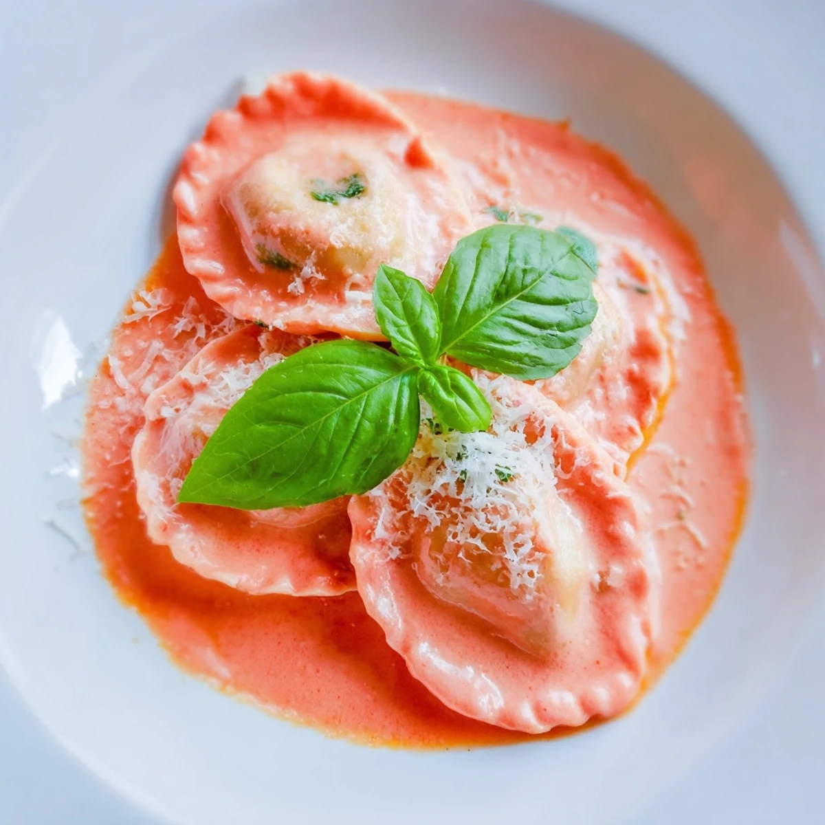 Tender, heart-shaped ravioli filled with creamy ricotta and spinach, resting in a vibrant pink tomato-cream sauce, ready to be served for a romantic dinner.