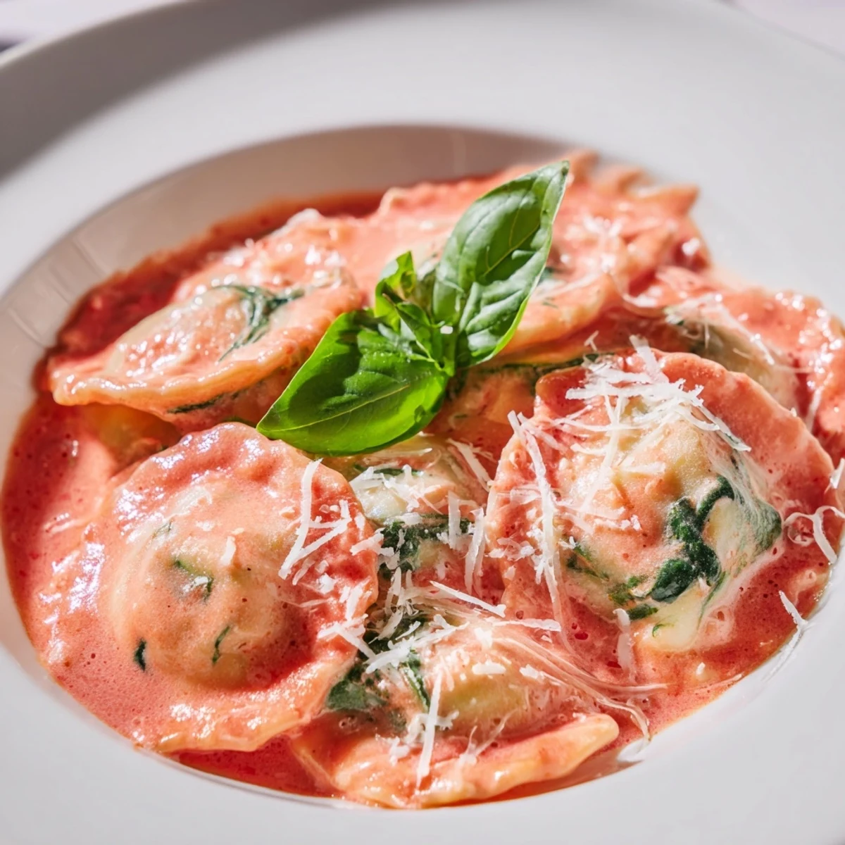 A close-up of homemade Heart Shaped Ravioli with Pink Sauce, showcasing the delicate pasta folds and rich, velvety sauce garnished with fresh basil leaves.