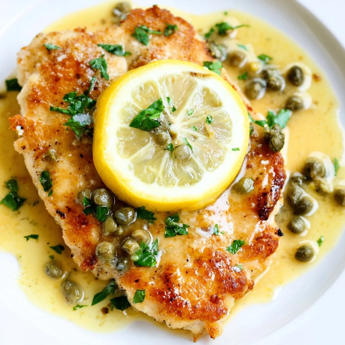 A skillet of sizzling chicken piccata with capers, ready to be served alongside steamed asparagus.