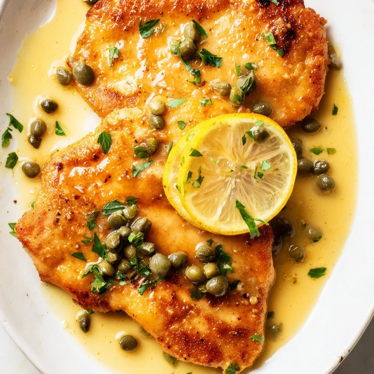 Tender chicken piccata plated over angel hair pasta, garnished with fresh parsley and lemon wedges.