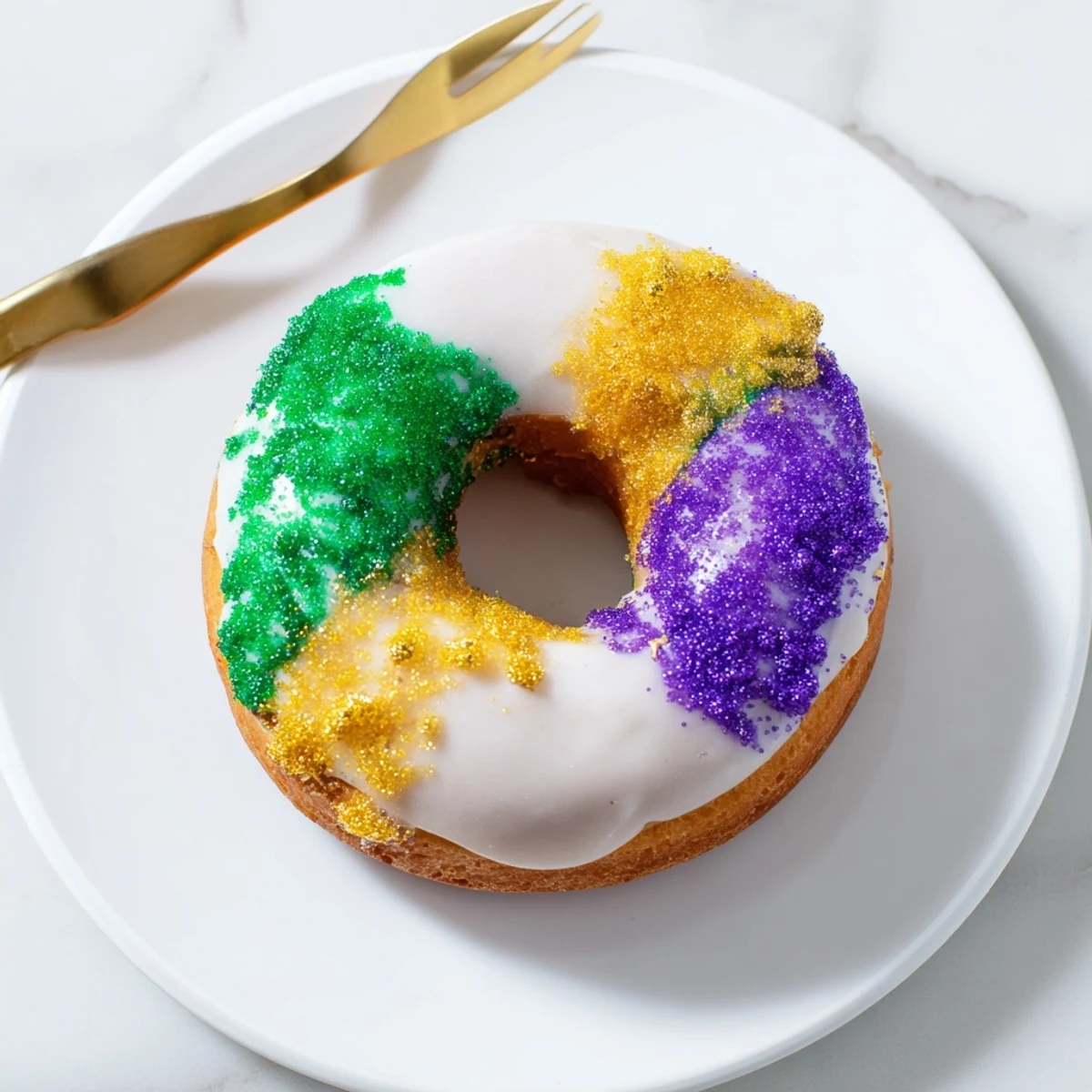 Freshly baked Mardi Gras King Cake Donuts glimmering with purple, green, and gold colored sugars on a wire rack.