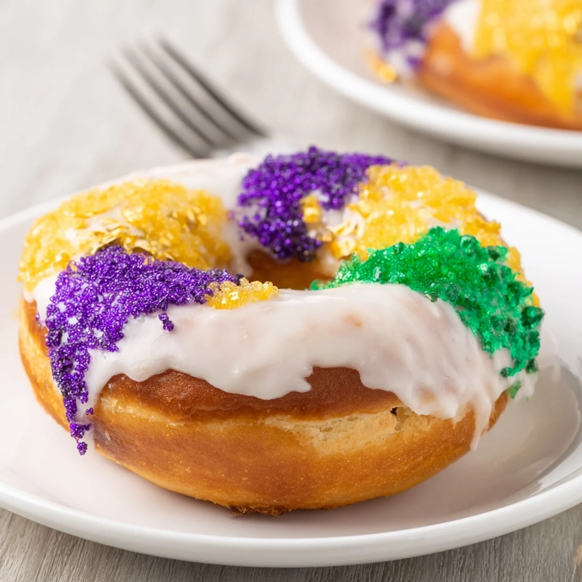 A soft, pillowy Mardi Gras King Cake Donut dipped in smooth vanilla icing and sprinkled with festive sugars.